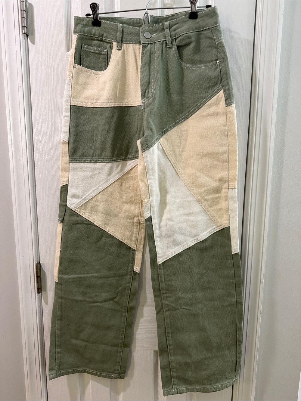 Green/white/cream Patchwork Cotton Jeans